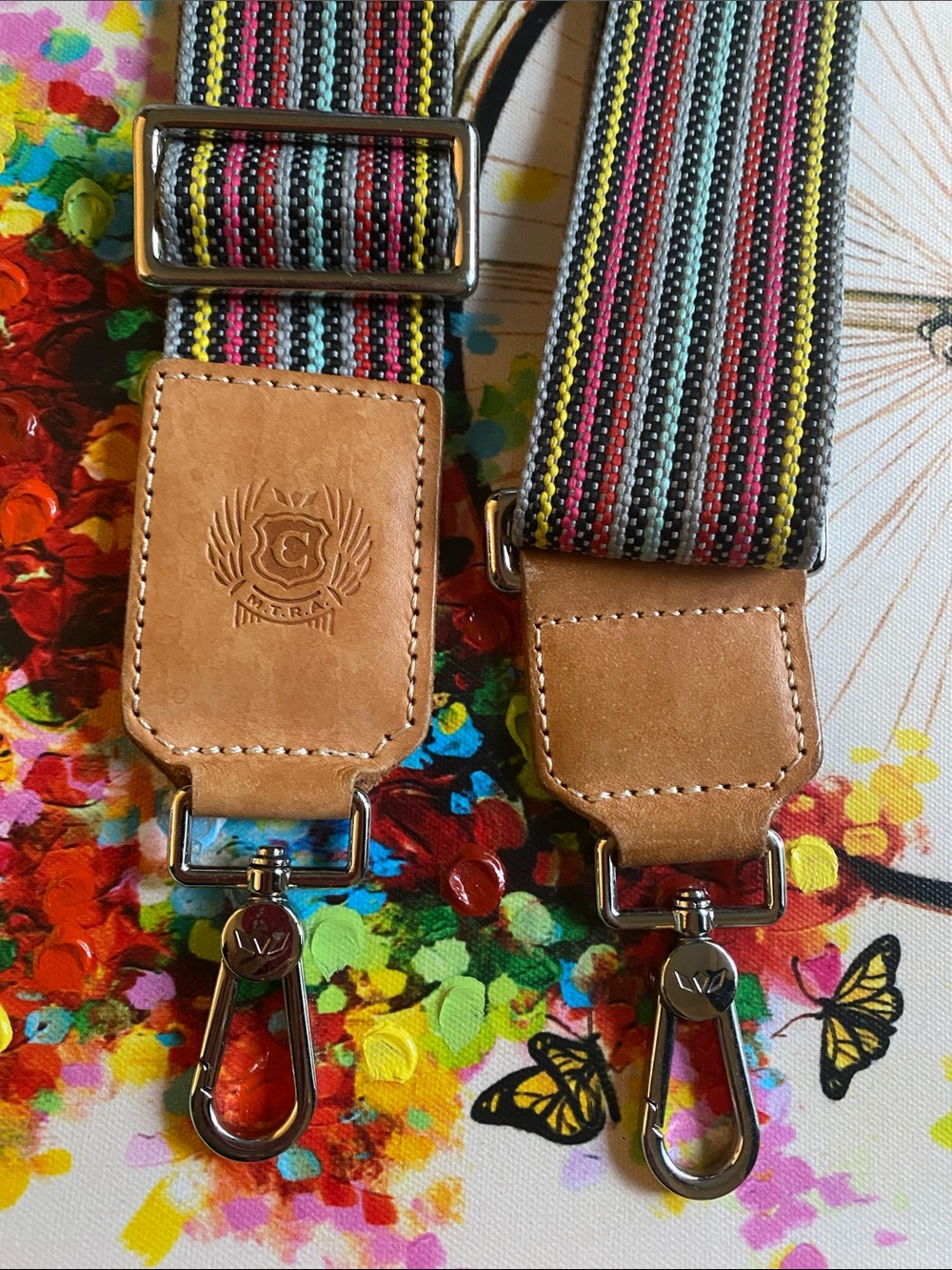 Consuela Multicolor Striped Canvas Strap with Tan Leather Ends.